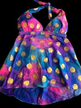 Venus Vibrant Color Halter Tankini Top with Metallic Gold Polka Dots. Size 12 US